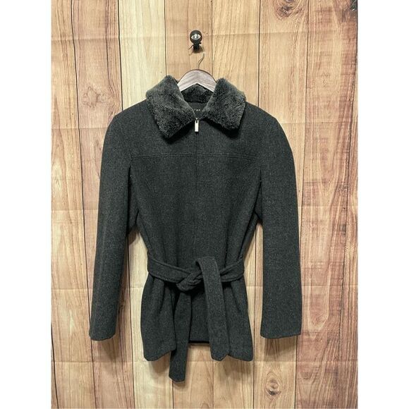 Braetan Large grey wool pea coat womens faux fur collar - Picture 1 of 9